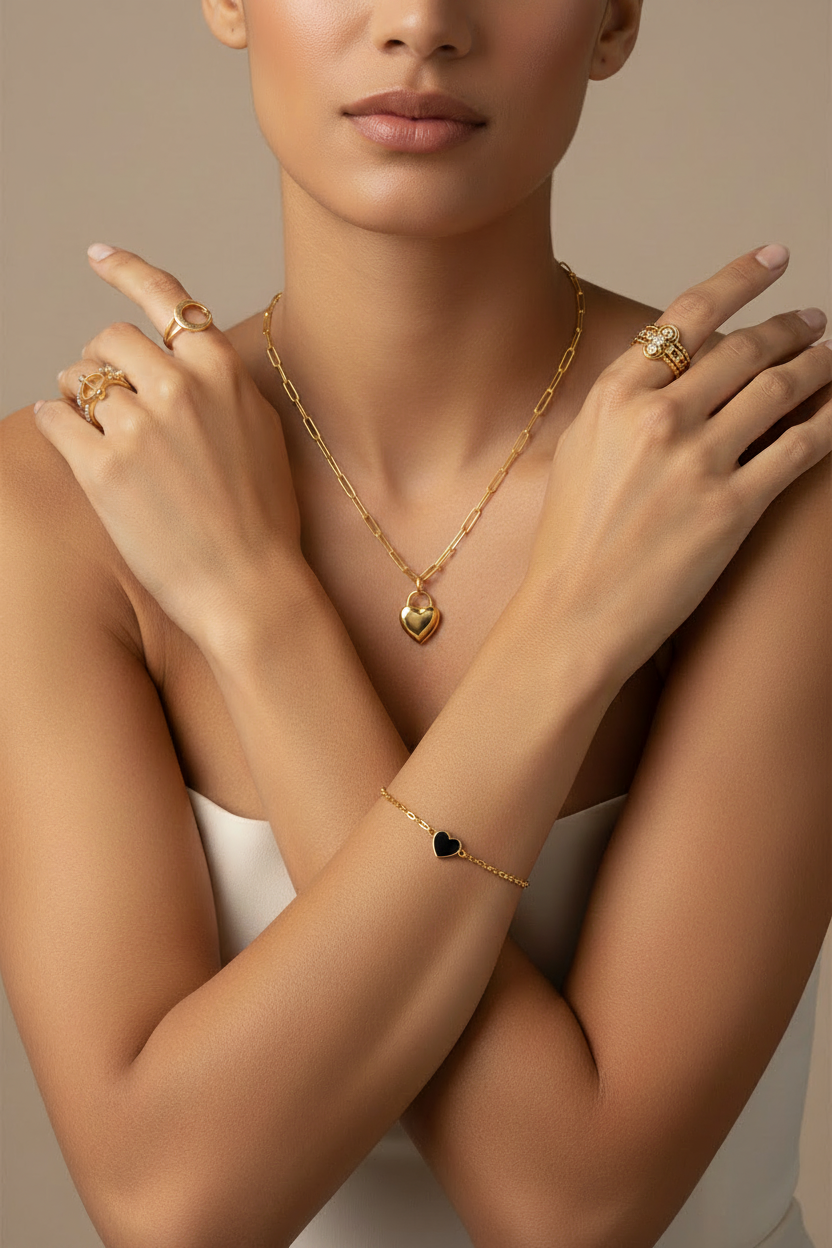 Modelo con anillos originales y collar paperclip más pequeño